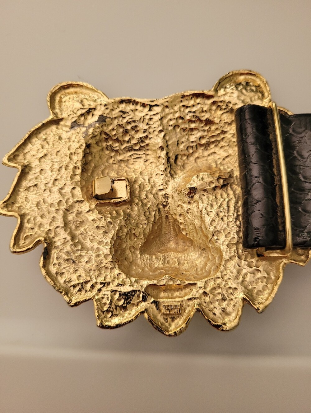 Vtg Mimi Di 1987 Lion Head Belt Buckle Removable belt Black Gold Lux Animal - Picture 10 of 16